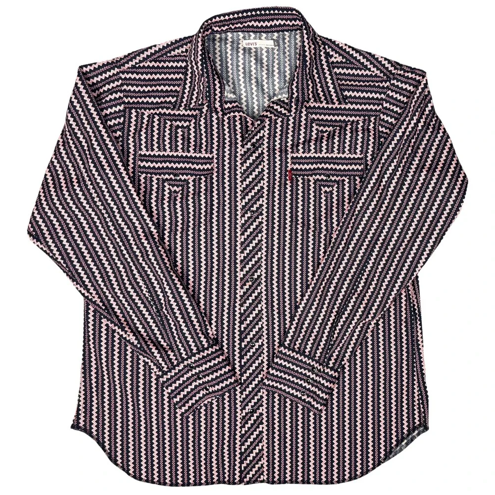 Levi's Western Shirt Geometric Zigzag Pearl Snap Mens Large Pink Black Rodeo Vtg